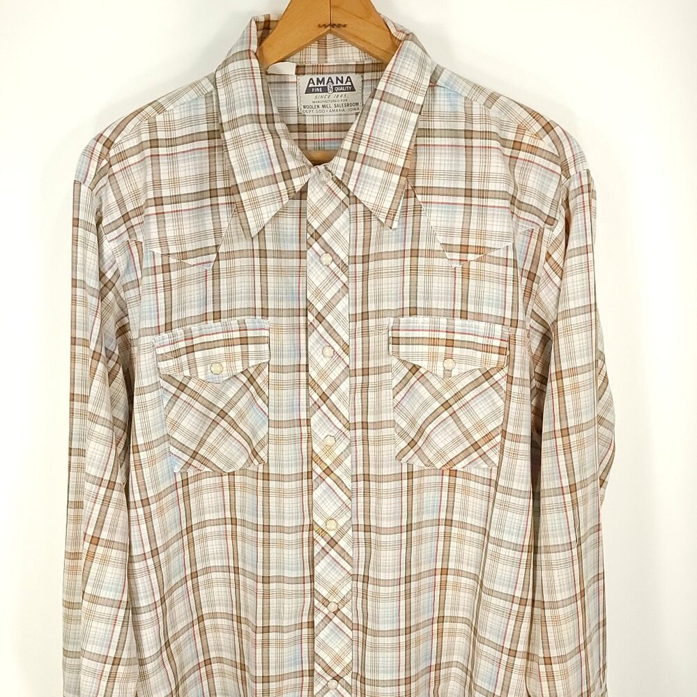 Vtg Amana Western Shirt Men's XL Brown Blue Plaid Snap Front Distressed USA